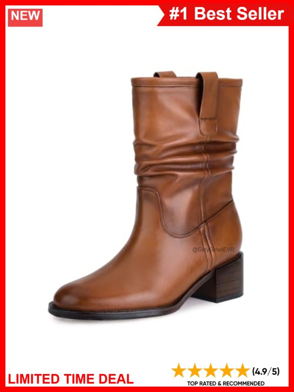 Women's Faux Leather Mid Calf Fold Over Western Cowboy Boots Slouchy Block Heel